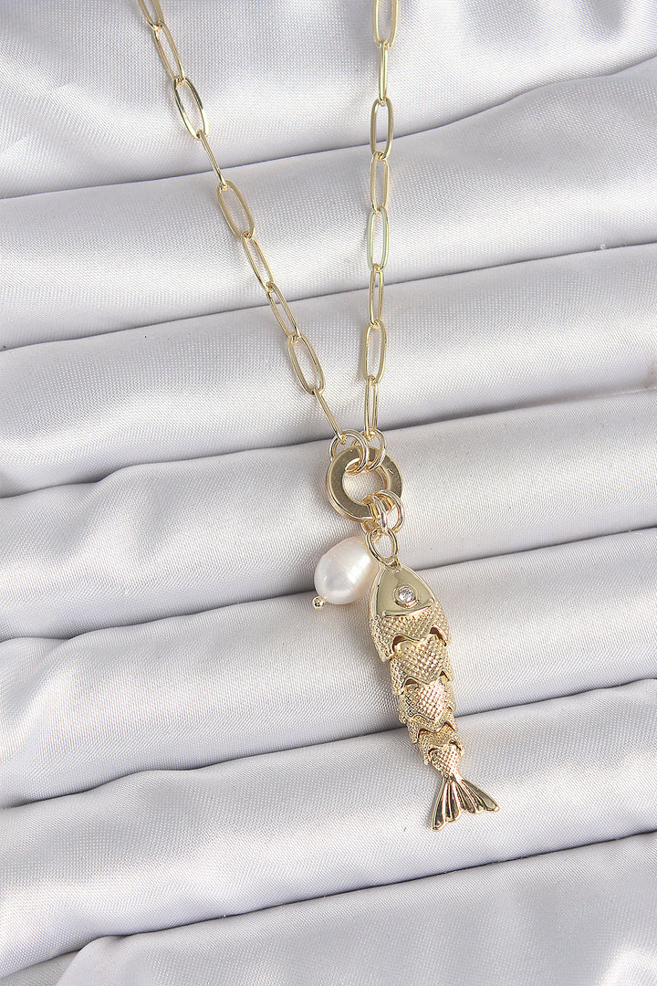 EBJ Pearl Detailed Zircon Stone Fish Shaped Gold Color Brass Necklace - Schertz