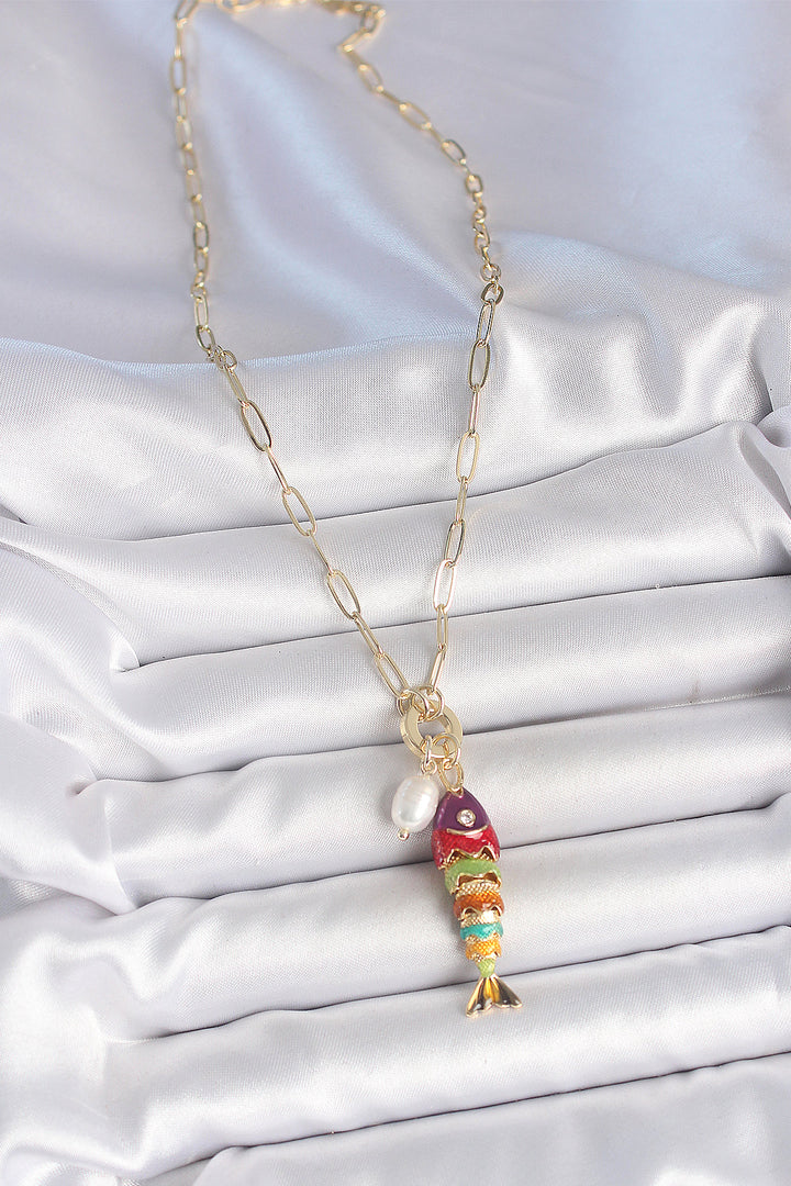 EBJ Pearl Detailed Zircon Stone Rainbow Fish Shaped Gold Color Brass Necklace - Novomoskovsk