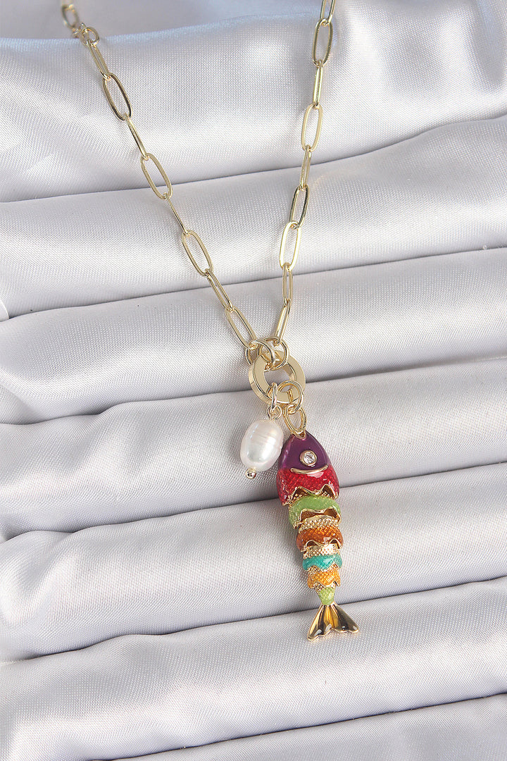 EBJ Pearl Detailed Zircon Stone Rainbow Fish Shaped Gold Color Brass Necklace - Novomoskovsk
