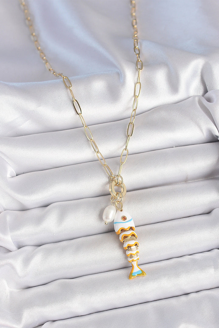 EBJ Pearl Detailed Zircon Stone White Fish Shaped Gold Color Brass Necklace - Strasbourg
