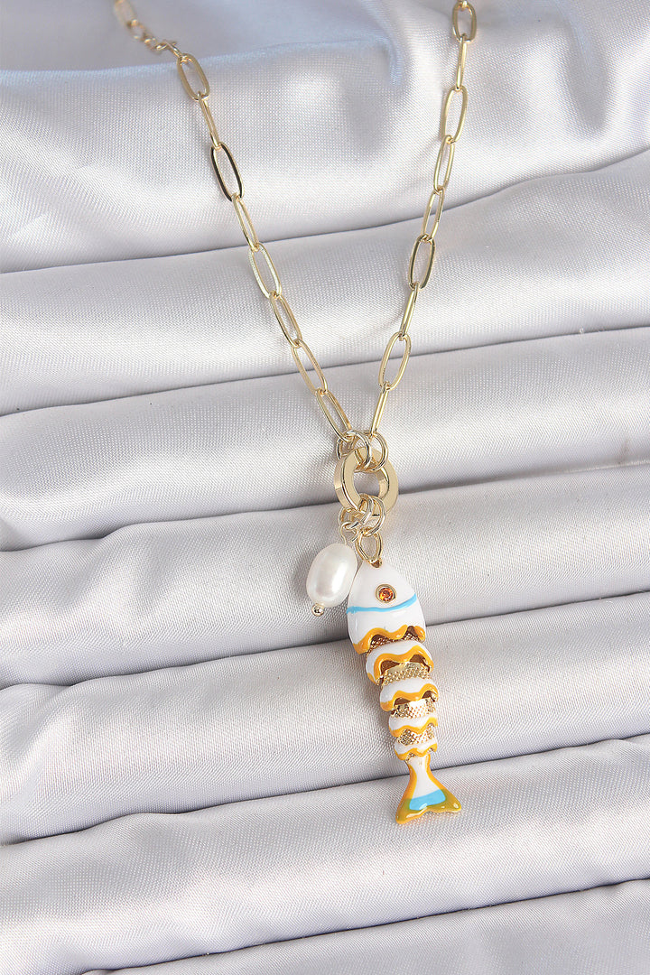EBJ Pearl Detailed Zircon Stone White Fish Shaped Gold Color Brass Necklace - Strasbourg