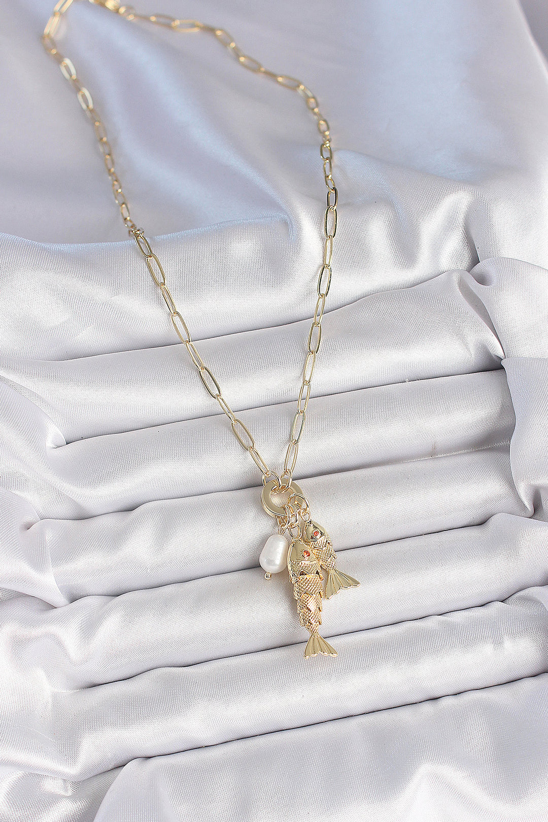 EBJ Pearl Detailed Zircon Stone Double Fish Figured Gold Color Brass Necklace - Deventer