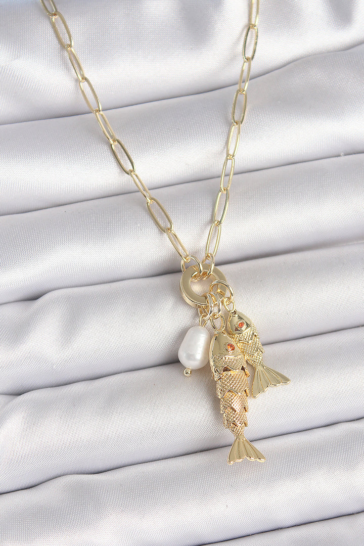 EBJ Pearl Detailed Zircon Stone Double Fish Figured Gold Color Brass Necklace - Deventer