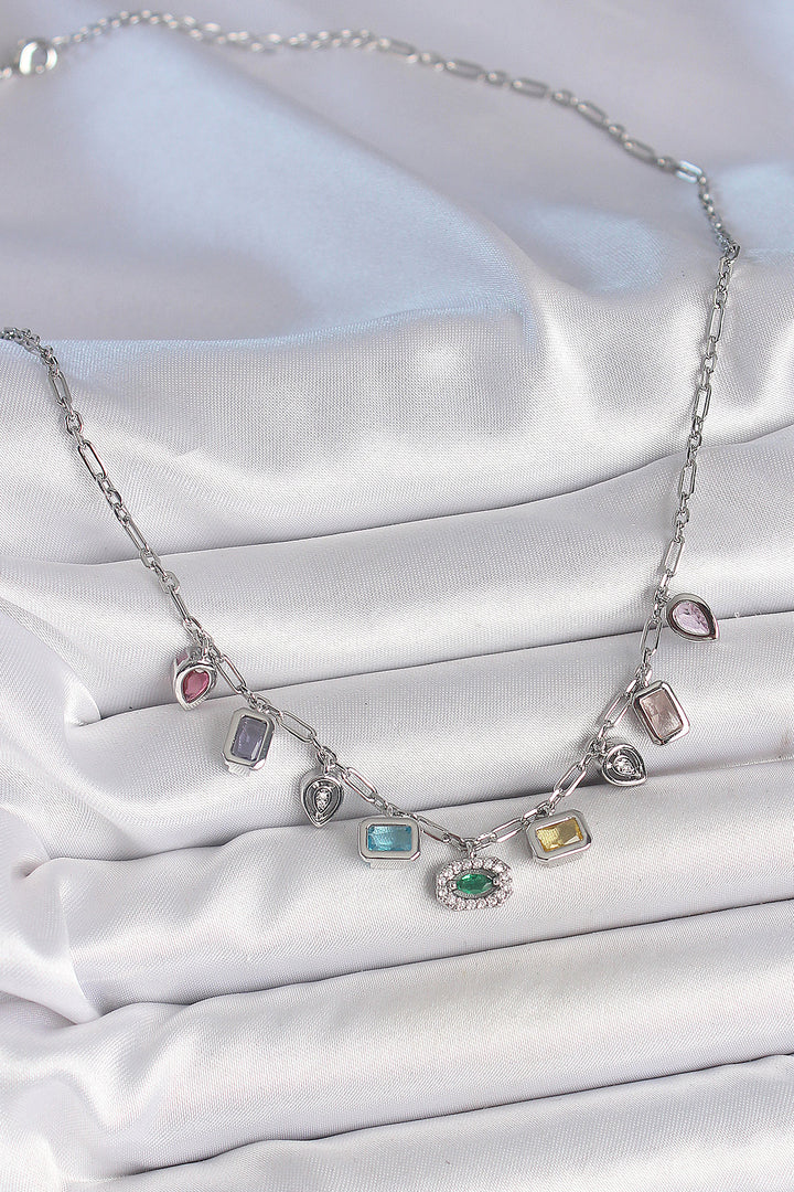 EBJ Silver Brass Necklace with Sequential Mixed Color Zircon Stones - Gorinchem