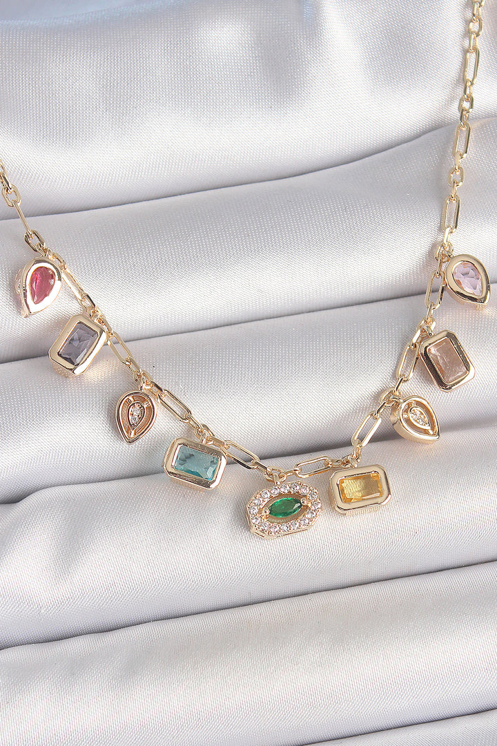 EBJ Gold Brass Necklace with Sequential Mixed Color Zircon Stones - Dessau-Rosslau