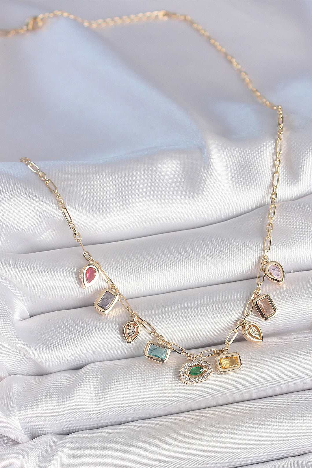 EBJ Gold Brass Necklace with Sequential Mixed Color Zircon Stones - Dessau-Rosslau