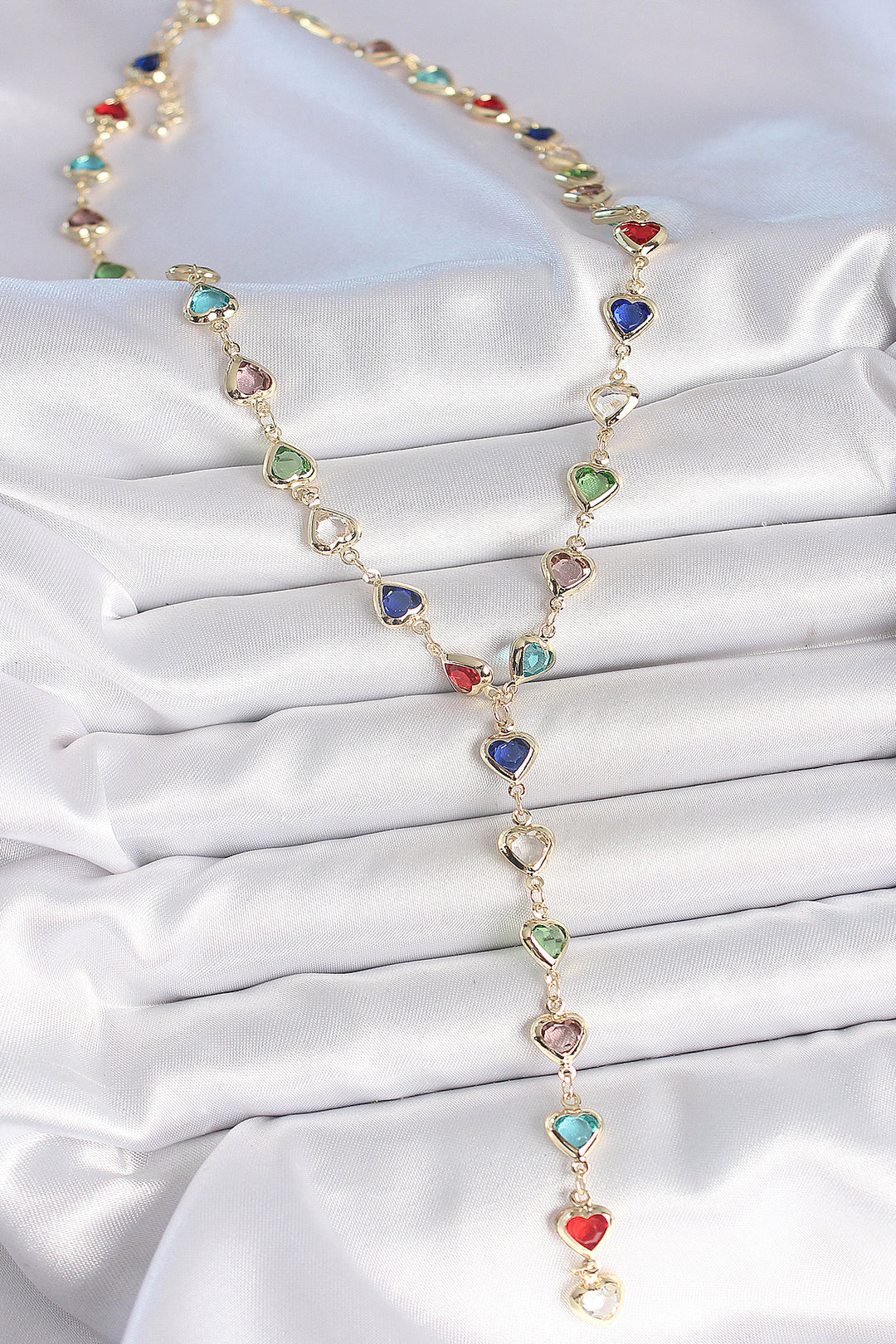 EBJ Gold Mixed Color Heart Shaped Zircon Stone Y Brass Necklace - Leamington