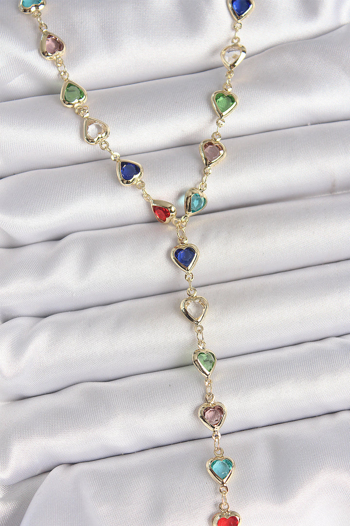 EBJ Gold Mixed Color Heart Shaped Zircon Stone Y Brass Necklace - Leamington