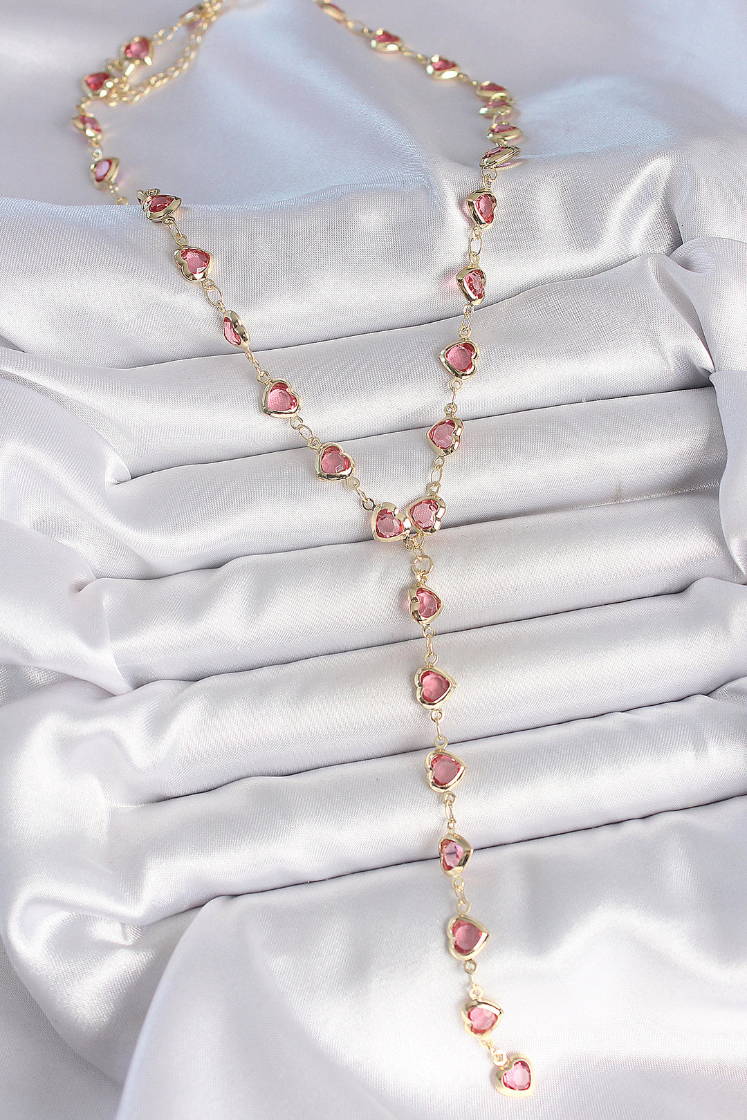 EBJ Gold Pink Color Heart Shaped Zircon Stone Y Brass Necklace - Elizabethtown