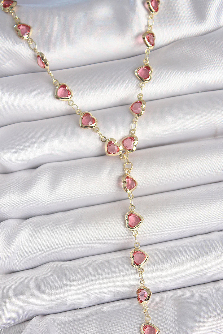 EBJ Gold Pink Color Heart Shaped Zircon Stone Y Brass Necklace - Elizabethtown