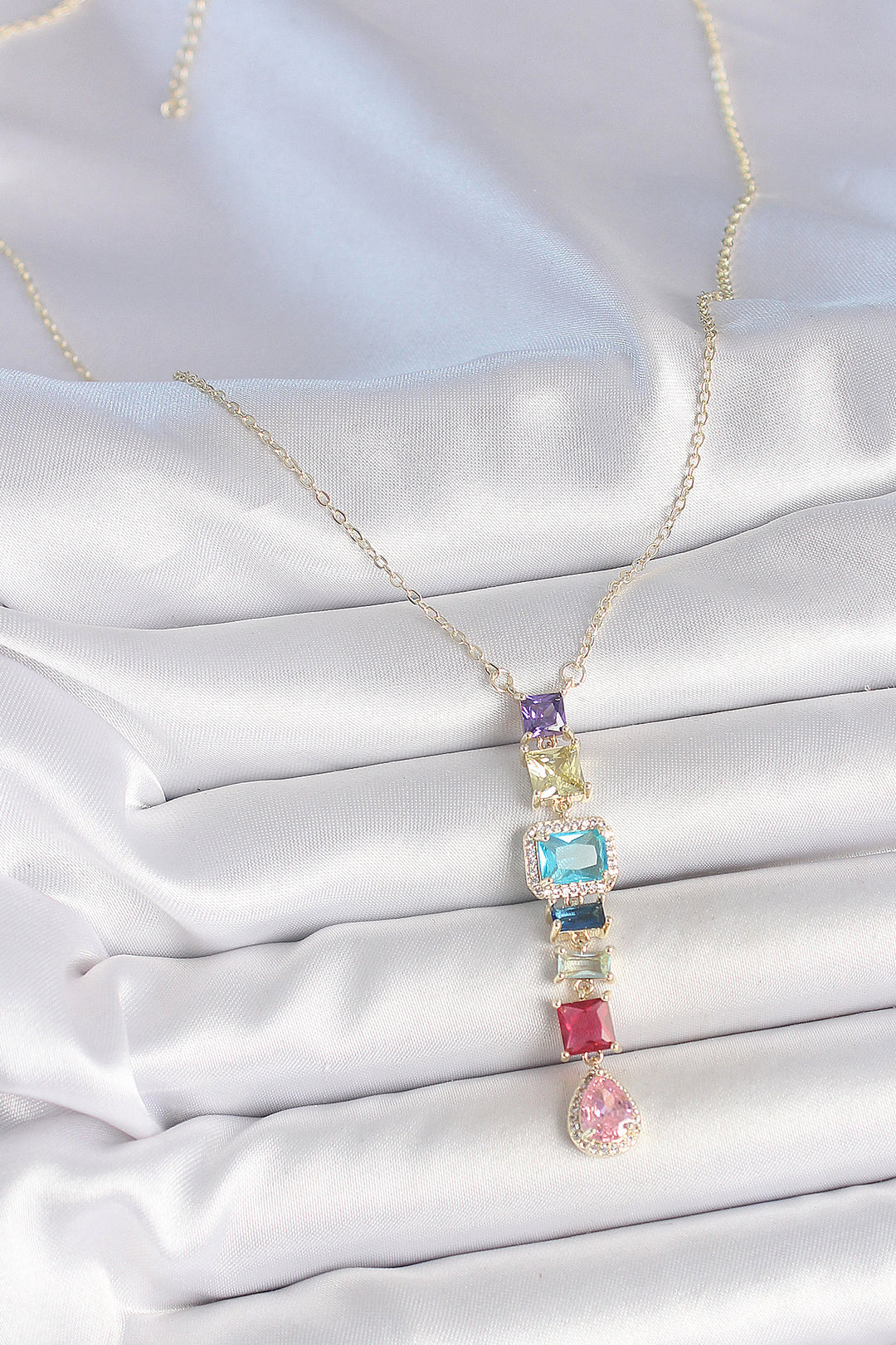 EBJ Gold Mixed Color Zircon Stone Y Brass Necklace - Pachuca