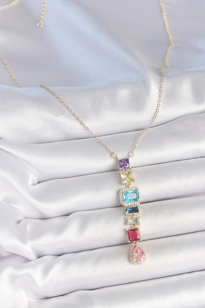 EBJ Gold Mixed Color Zircon Stone Y Brass Necklace - Pachuca