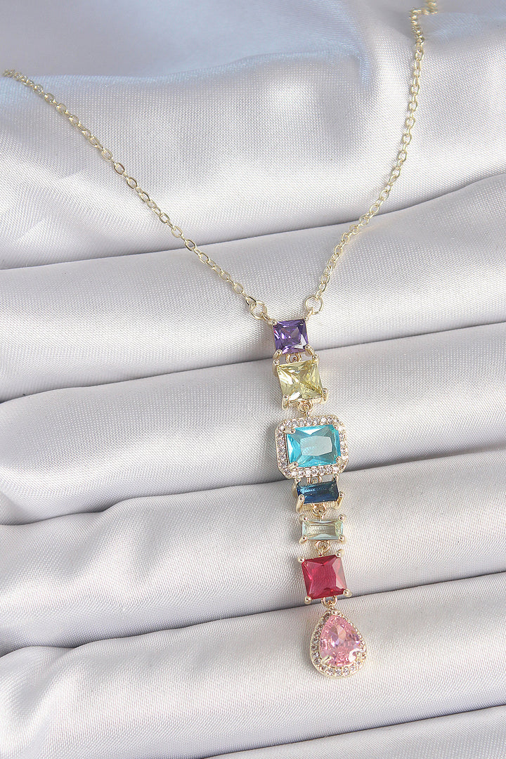 EBJ Gold Mixed Color Zircon Stone Y Brass Necklace - Pachuca