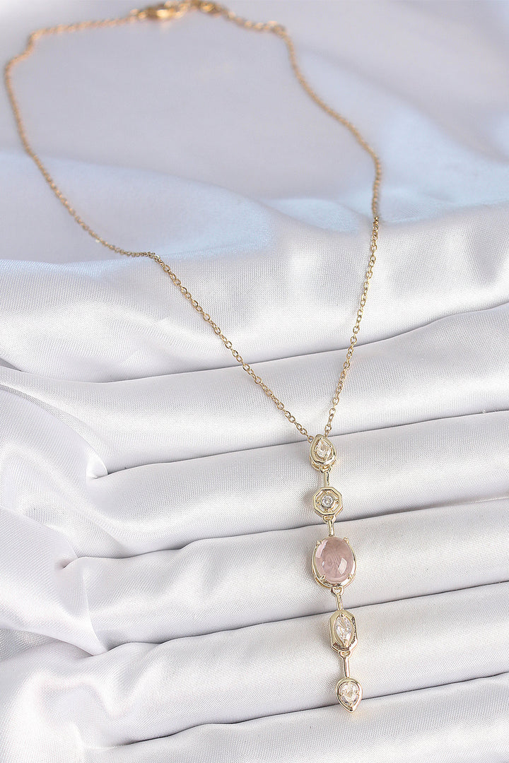 EBJ 316L Steel Chain Gold Color Pink Zircon Stone Y Necklace - Dunkerque