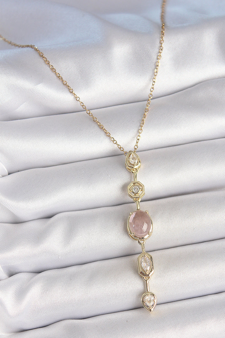 EBJ 316L Steel Chain Gold Color Pink Zircon Stone Y Necklace - Dunkerque
