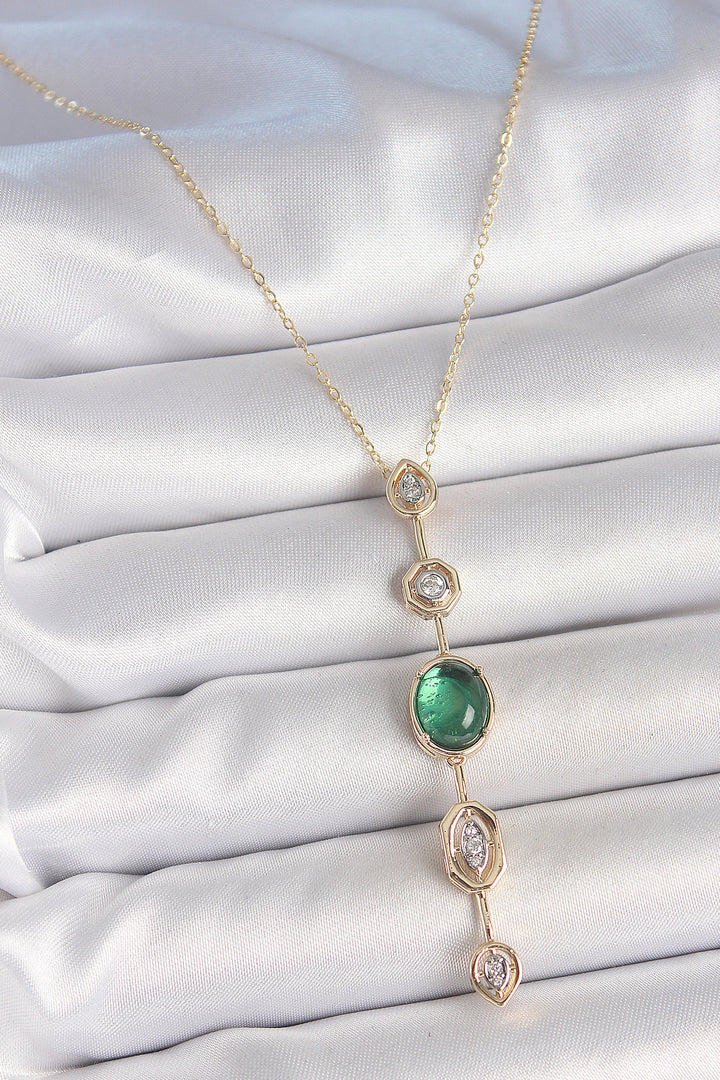 EBJ Rice Chain Emerald Green Gold Color Zircon Stone Y Necklace - Comalcalco