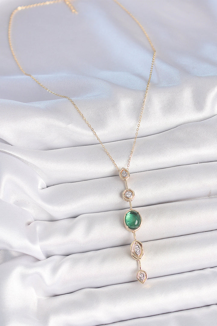 EBJ Rice Chain Emerald Green Gold Color Zircon Stone Y Necklace - Comalcalco