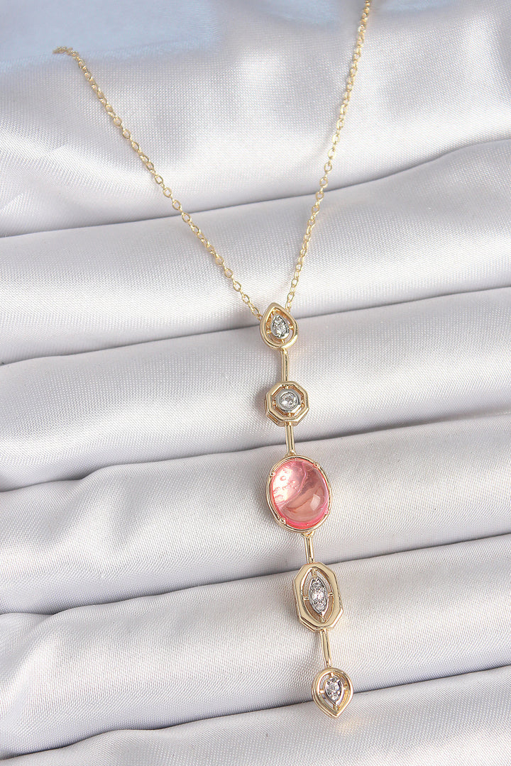 EBJ Rice Chain Pink Gold Color Zircon Stone Y Necklace - Westland