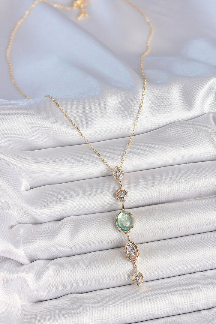 EBJ Rice Chain Water Green Gold Color Zircon Stone Y Necklace - St. Cloud