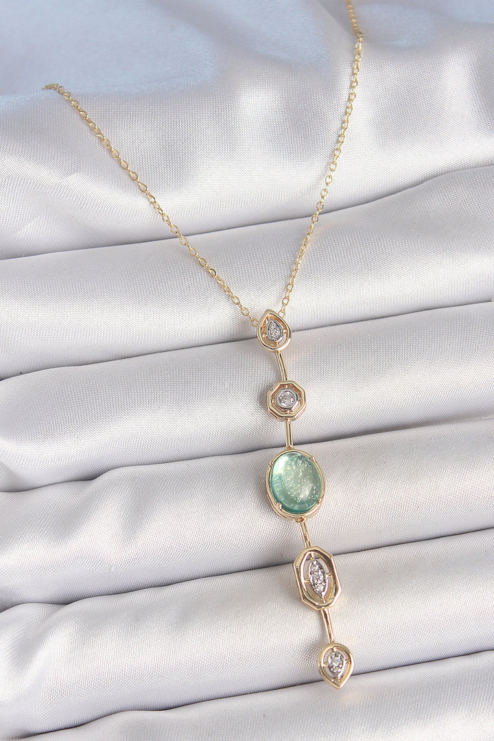 EBJ Rice Chain Water Green Gold Color Zircon Stone Y Necklace - St. Cloud