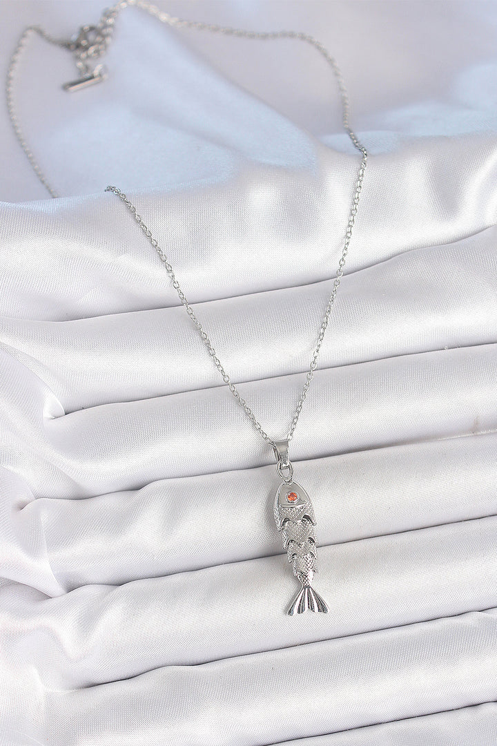 EBJ 316L Stainless Steel Chain Silver Color Fish Shaped Necklace with Zircon Stone - Pomona