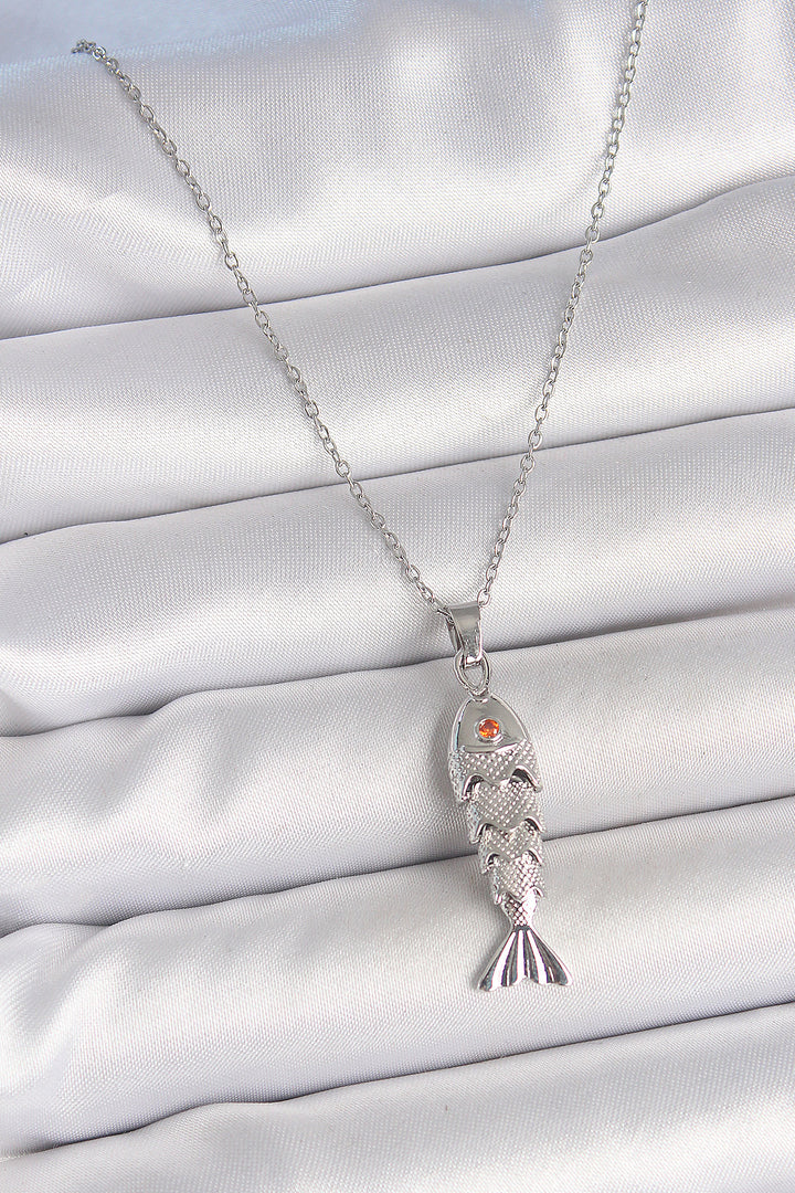 EBJ 316L Stainless Steel Chain Silver Color Fish Shaped Necklace with Zircon Stone - Pomona