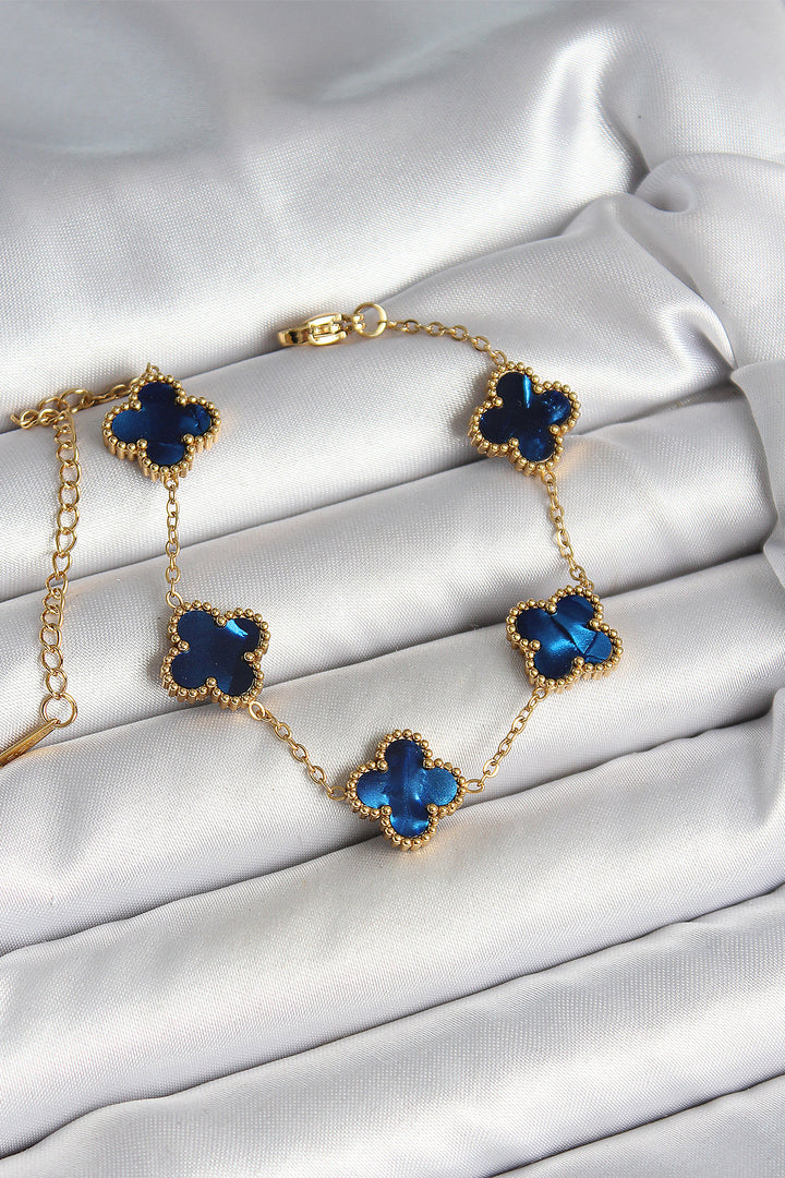 EBJ 316L Steel Mother of Pearl Navy Gold Color Clover Women's Bracelet - Frankston