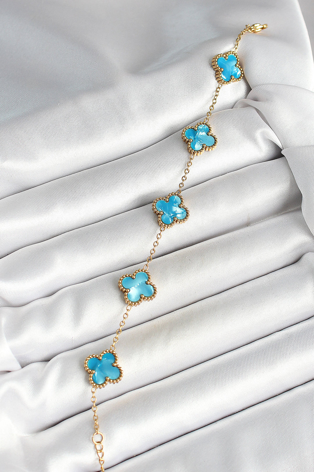 EBJ 316L Steel Mother of Pearl Sky Blue Gold Color Clover Women's Bracelet - Soria