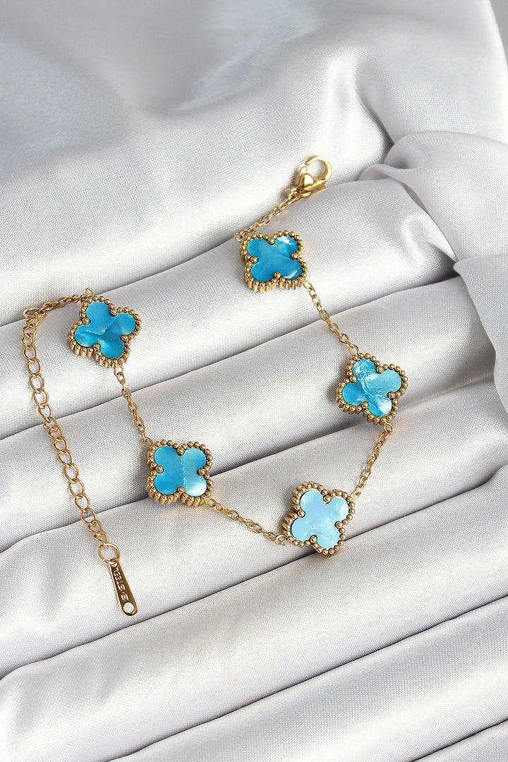 EBJ 316L Steel Mother of Pearl Sky Blue Gold Color Clover Women's Bracelet - Soria