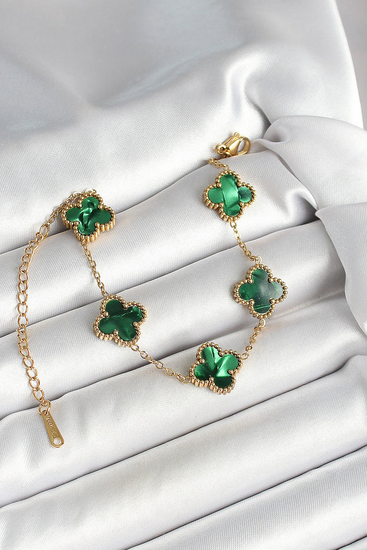 EBJ 316L Steel Mother of Pearl Emerald Green Gold Color Clover Women's Bracelet - Néa Smýrni