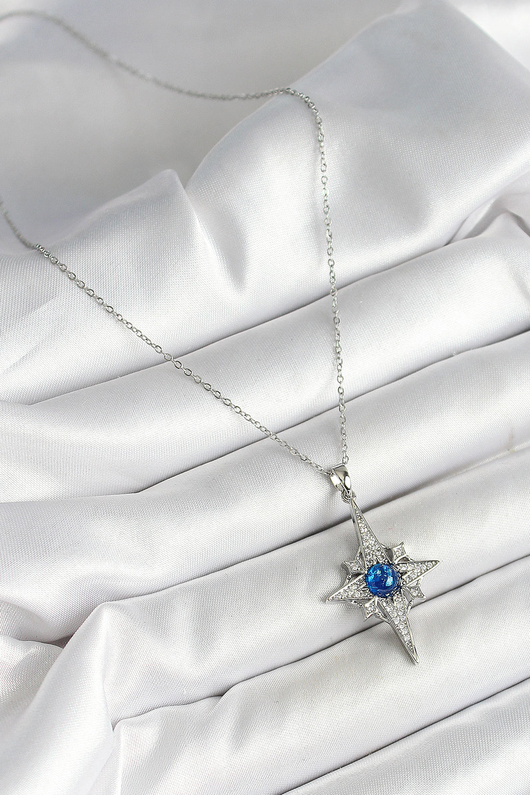 EBJ 316L Stainless Steel Pole Star Figure Blue Zircon Stone Silver Color Necklace - Rechytsa
