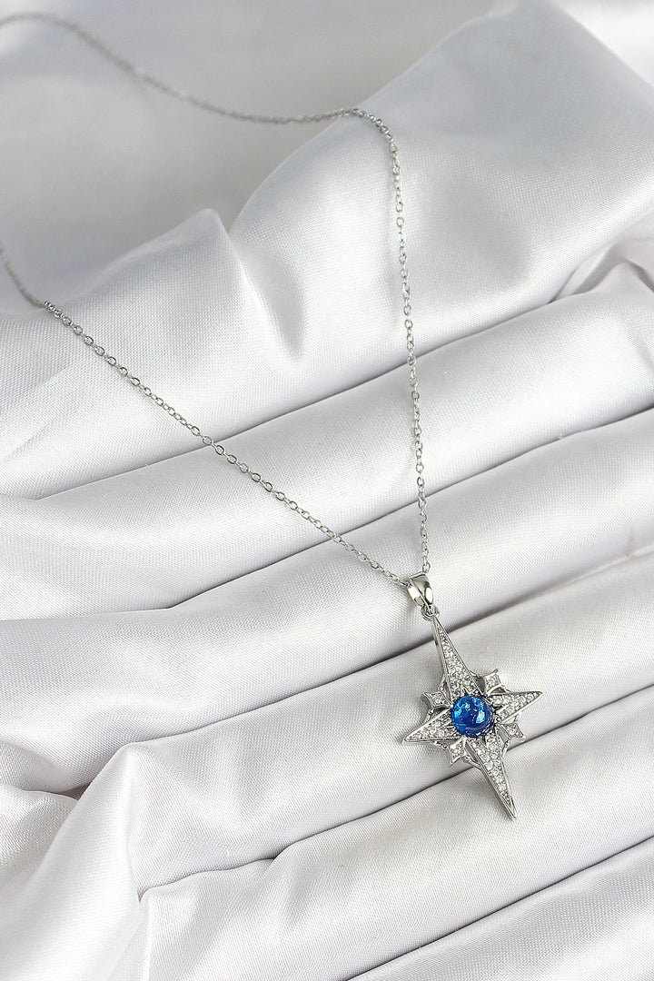 EBJ 316L Stainless Steel Pole Star Figure Blue Zircon Stone Silver Color Necklace - Rechytsa