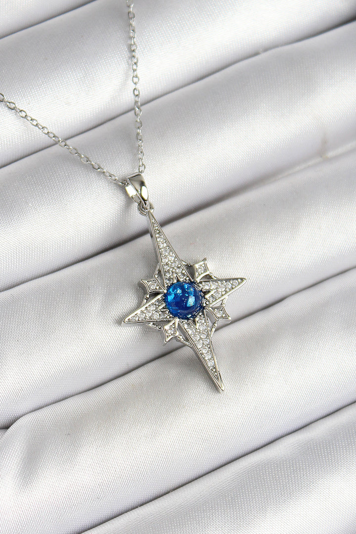 EBJ 316L Stainless Steel Pole Star Figure Blue Zircon Stone Silver Color Necklace - Rechytsa