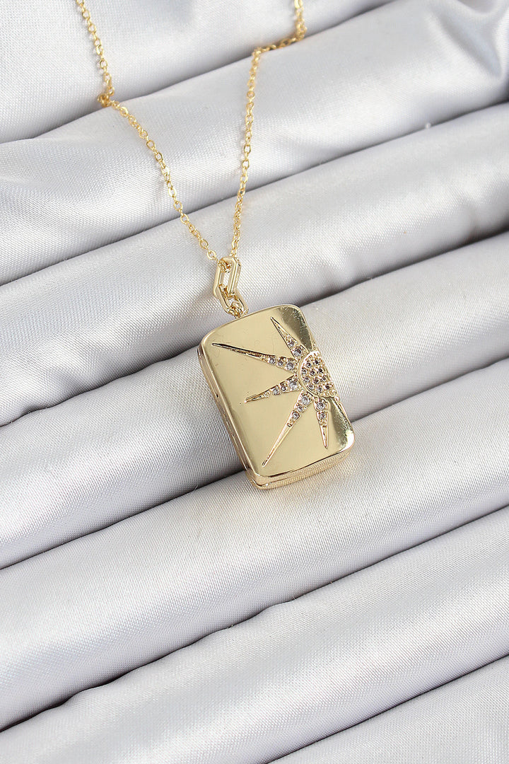 EBJ 316L Stainless Steel Rectangular Pendant Necklace with Zircon Stone in Gold Color for Women - University City