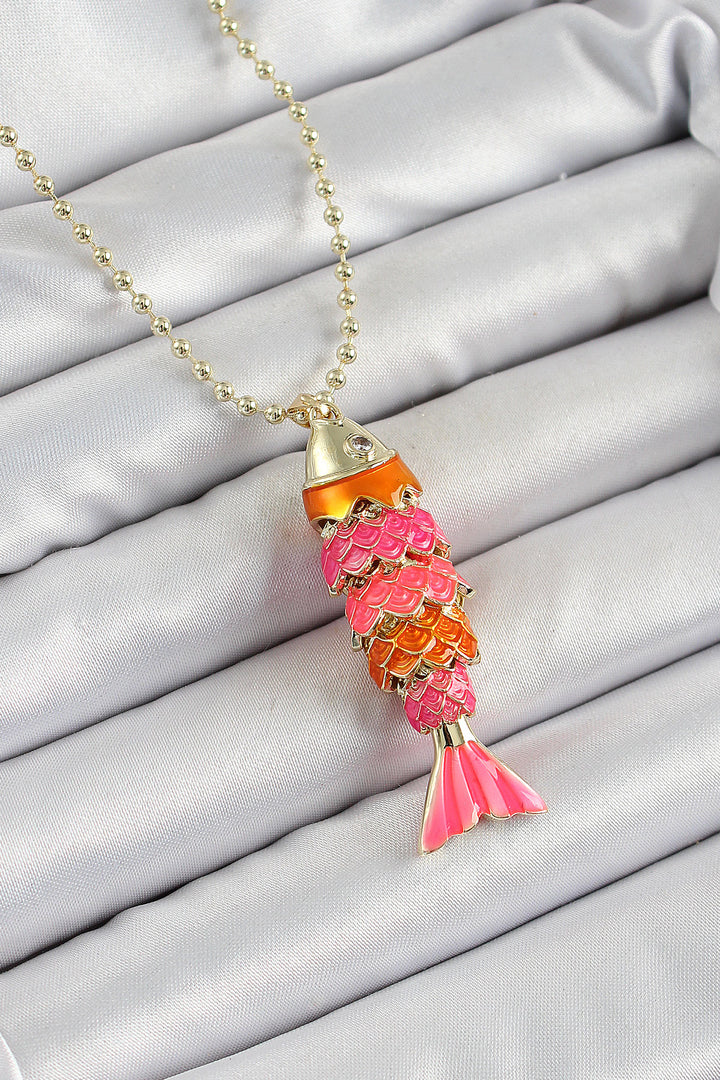 EBJ Gold Color Women's Necklace with Pink and Orange Fish Design Zircon Stone - Salon-de-Provence