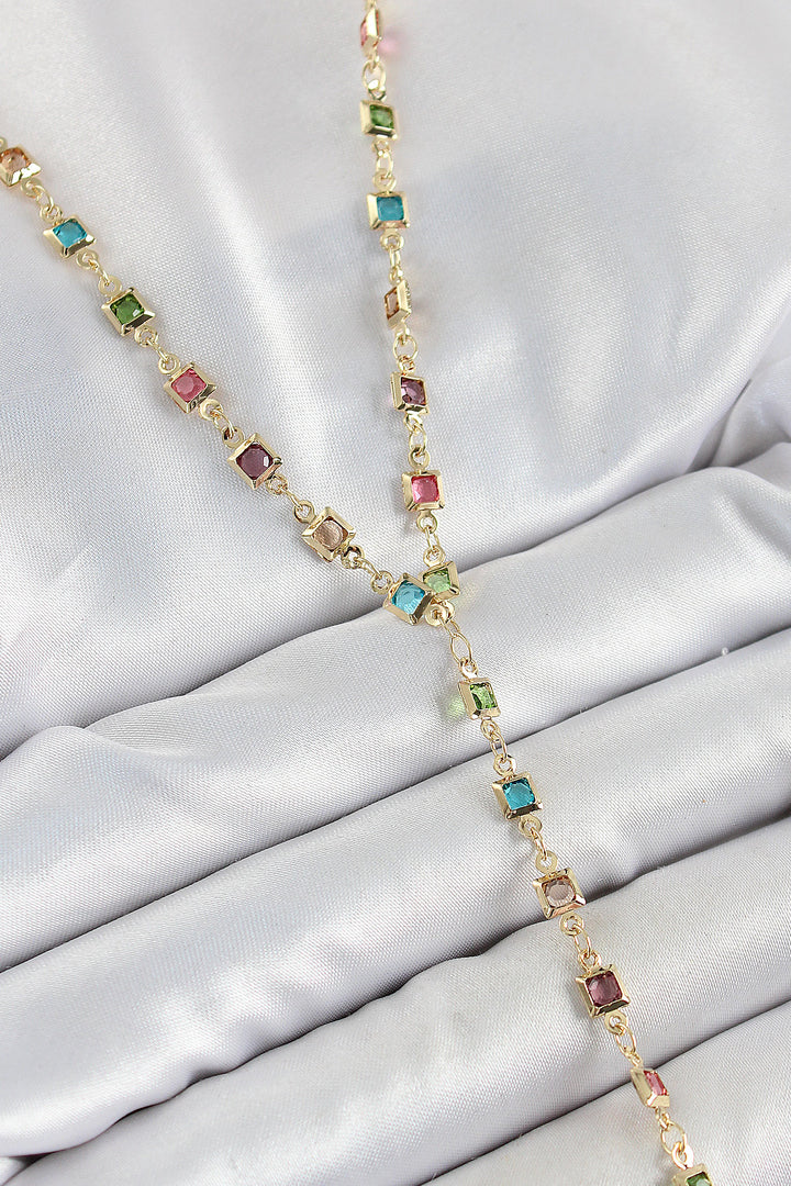 EBJ Rice Assorted Square Model Gold Color Zircon Stone Y Necklace - Umán