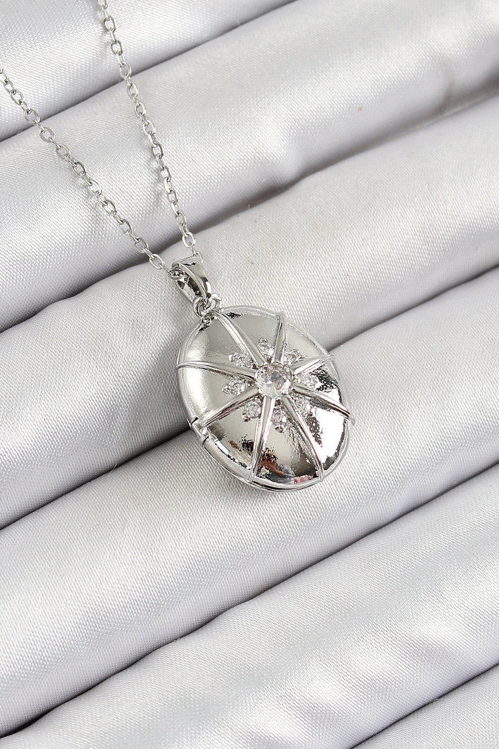 EBJ 316L Stainless Steel Chain Openable Medallion Model Necklace with Zircon Stone Silver Color Women's Necklace - Titusville