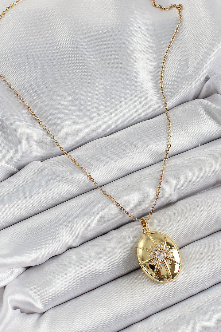 EBJ 316L Stainless Steel Chain Openable Medallion Model Necklace with Zircon Stone Gold Color Women's Necklace - Mableton