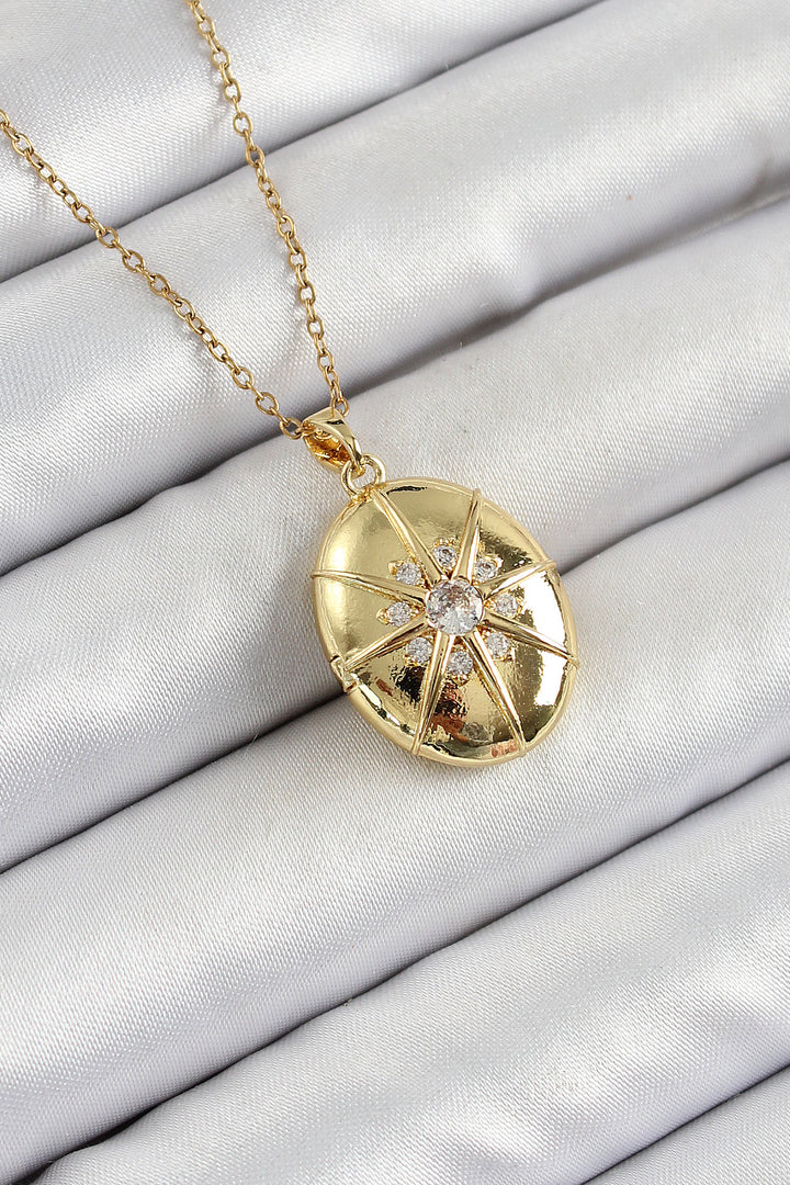 EBJ 316L Stainless Steel Chain Openable Medallion Model Necklace with Zircon Stone Gold Color Women's Necklace - Mableton