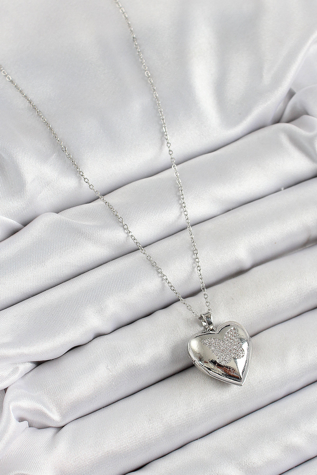 EBJ 316L Stainless Steel Chain Butterfly Shaped Heart Model Necklace with Zircon Stone Silver Color Women's Necklace - Bangor