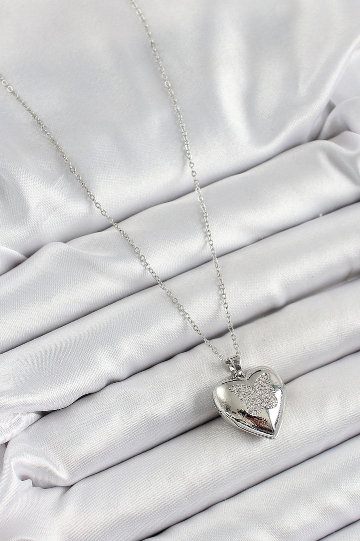EBJ 316L Stainless Steel Chain Butterfly Shaped Heart Model Necklace with Zircon Stone Silver Color Women's Necklace - Bangor