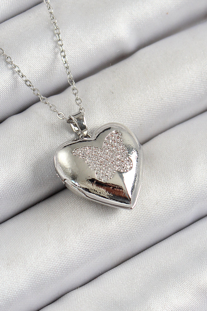 EBJ 316L Stainless Steel Chain Butterfly Shaped Heart Model Necklace with Zircon Stone Silver Color Women's Necklace - Bangor