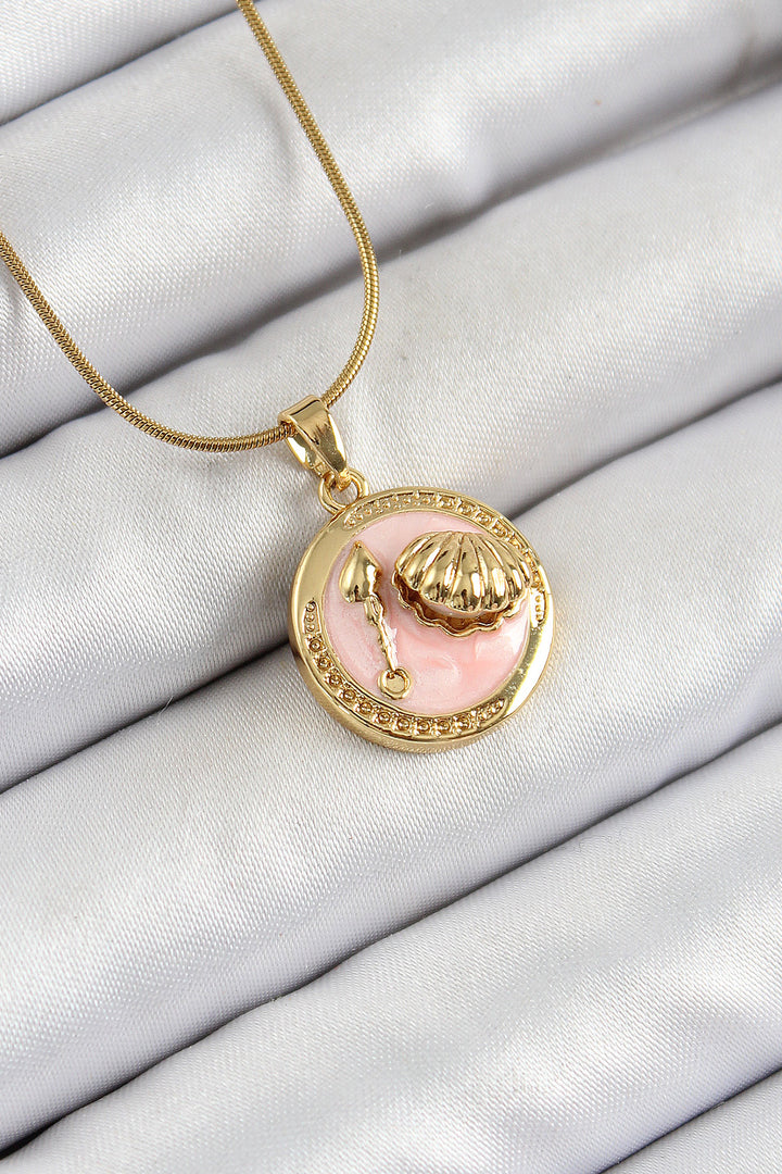 EBJ 316L Steel Chain Pink Enamel Artistic Portrait Oyster Model Gold Color Women's Necklace - Beloeil