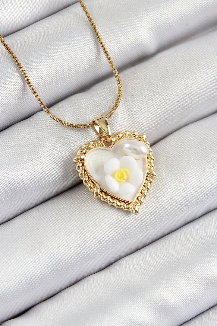EBJ 316L Steel Chain White Artistic Portrait Pearl Detailed Daisy Figured Heart Model Gold Color Women's Necklace - The Villages