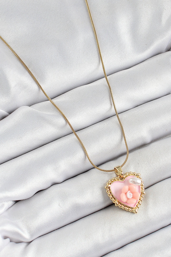 EBJ 316L Steel Chain Pink Artistic Portrait Pearl Detailed Daisy Figure Heart Model Gold Color Women's Necklace - Frechen