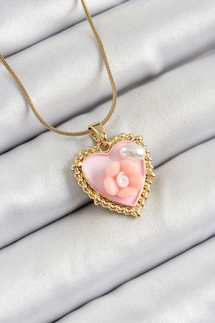 EBJ 316L Steel Chain Pink Artistic Portrait Pearl Detailed Daisy Figure Heart Model Gold Color Women's Necklace - Frechen