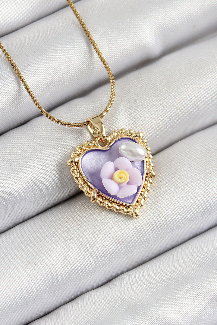 EBJ 316L Steel Chain Purple Artistic Portrait Necklace with Pearl Detailed Daisy Figure Heart Model Gold Color Women's Necklace - Cambridge
