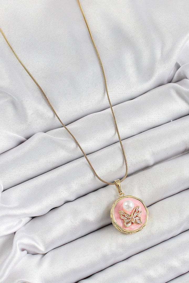 EBJ 316L Steel Chain with Zircon Stone Pink Artistic Portrait Pearl Detailed Butterfly Model Gold Color Women's Necklace - Heist-op-den-Berg