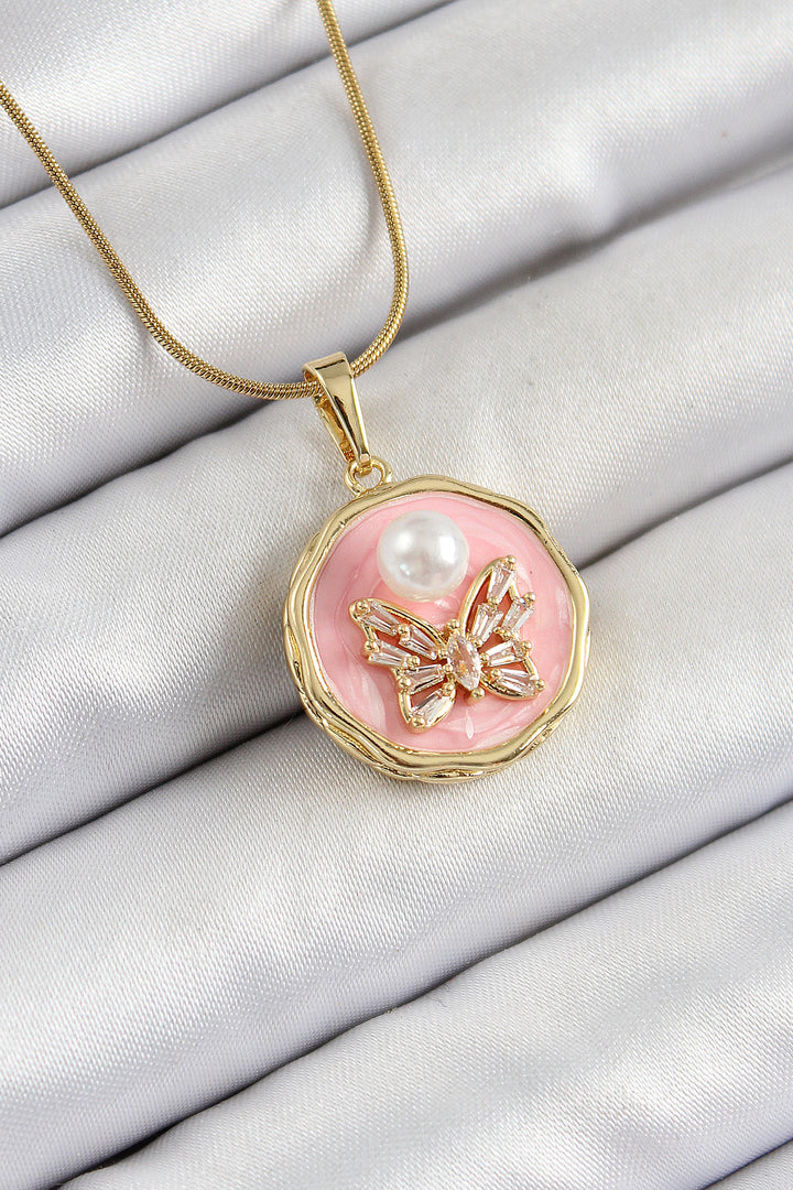 EBJ 316L Steel Chain with Zircon Stone Pink Artistic Portrait Pearl Detailed Butterfly Model Gold Color Women's Necklace - Heist-op-den-Berg
