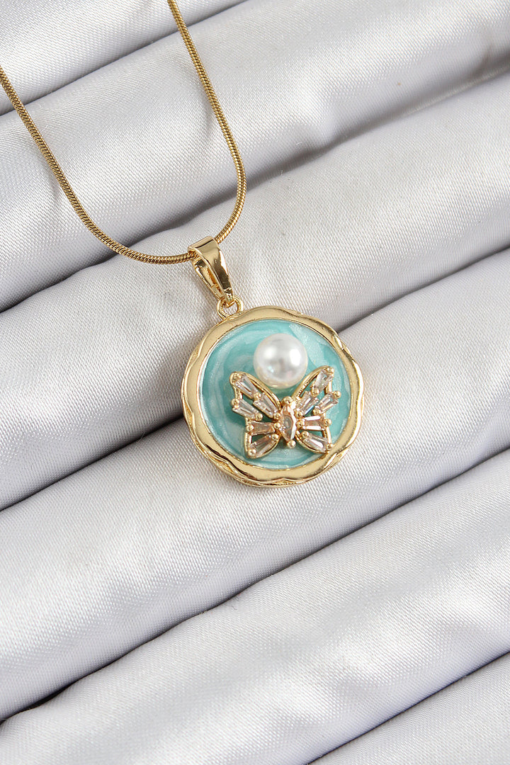 EBJ 316L Stainless Steel Chain with Zircon Stone Turquoise Artistic Portrait Pearl Detailed Butterfly Model Gold Color Women's Necklace - Irvington